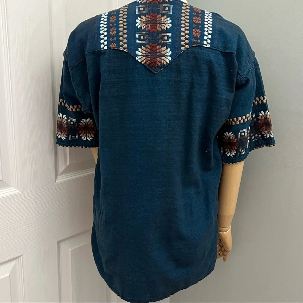 Vintage Embroidered Made in Mexico  Dark Blue Heavy Linen Top - Picture 13 of 16
